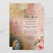 孔雀エレガント赤面牡丹の花ベビーシャワー 招待状 (正面/裏面)