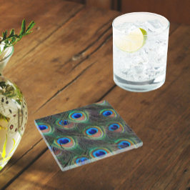 孔雀カラフル羽アイズポットパターン ガラスコースター