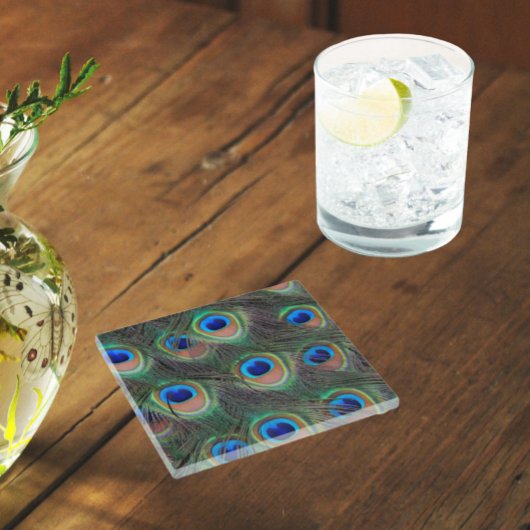 孔雀カラフル羽アイズポットパターン ガラスコースター