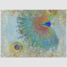 孔雀ゴールドフォイルのスクロールワーク羽根デコップアート 薄葉紙