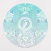 孔雀シャンパンラベル、ハート、アクアブルー ラベル (デザイン2)