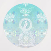 孔雀シャンパンラベル、ハート、アクアブルー ラベル (デザイン1)