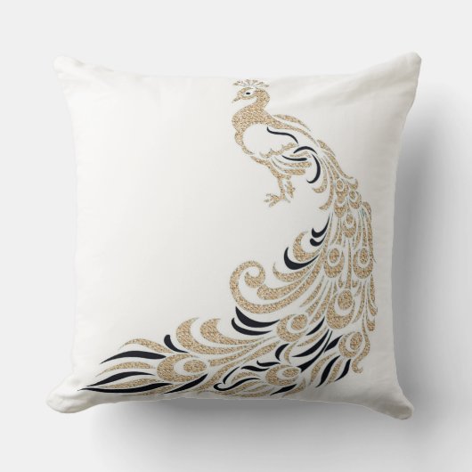 孔雀スタイリッシュ金ゴールド黒正方形M-L クッション (正面)