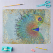 孔雀デコップブルーティール(緑がかった色)ゴールドフォイルフェザーアート 薄葉紙 (クラフト)