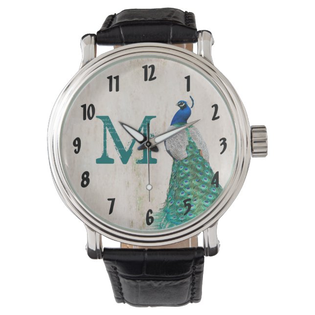 孔雀バードフェザーティール（緑がかった色）ターコイズヴィンテージ時計 腕時計 (正面)