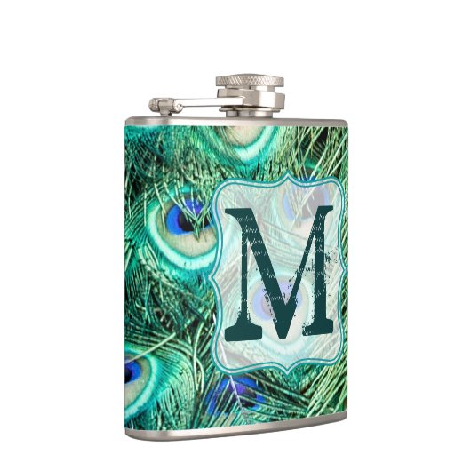 孔雀バードフェザーティール(緑がかった色)モノグラムウイスキー フラスク (右)