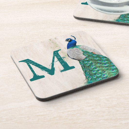 孔雀バードフェザーティール(緑がかった色)モノグラムドリンクコースター コースター (左側)