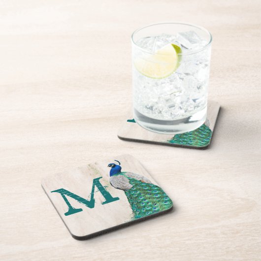 孔雀バードフェザーティール(緑がかった色)モノグラムドリンクコースター コースター (右側)
