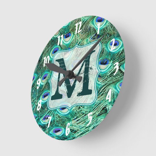 孔雀バードフェザーモノグラムイニシャル壁時計 ラウンド壁時計 (傾斜)
