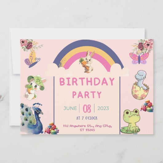 孔雀パティーナと美しい動物の誕生日 招待状 (正面)