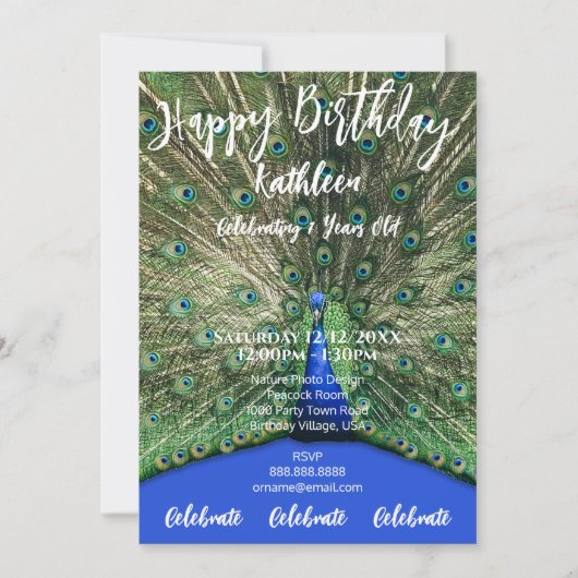 孔雀パープルフォトハッピーバースデー招待状 招待状 (正面)