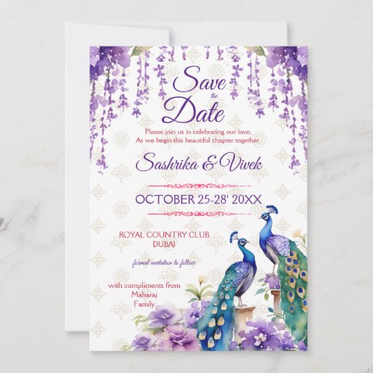 孔雀パープルフラワーインディアン結婚式の日付を保存 招待状 (正面)