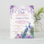 孔雀パープルフラワーインディアン結婚式の日付を保存 招待状 (スタンド正面)