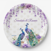 孔雀パープル花インディアン結婚の食器 ペーパープレート (正面)