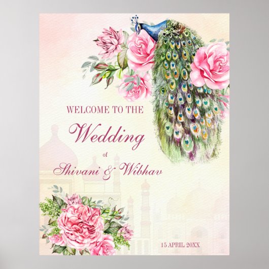 孔雀ビクトリアンヴィンテージピンクのバラが歓迎 ポスター (正面)