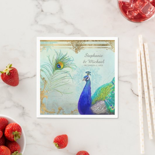 孔雀ピーフクロウ尾羽フェイク金ゴールド葉の渦巻き スタンダードカクテルナプキン (インサイチュ)