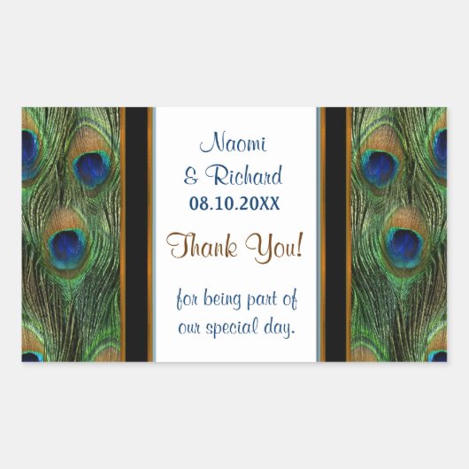 孔雀フェザーありがとうシールカスタマイズ-  長方形シール (正面)