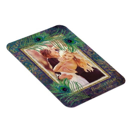 孔雀フェザーパープルグリッター写真の保存日付 マグネット (右側)