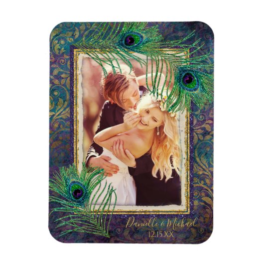 孔雀フェザーパープルグリッター写真の保存日付 マグネット (縦)