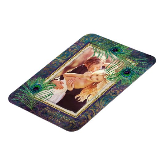 孔雀フェザーパープルグリッター写真の保存日付 マグネット (左側)