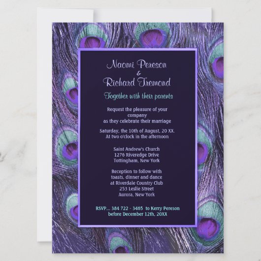 孔雀フェザーパープル6.5インチx 8結婚式招待状 招待状 (正面)