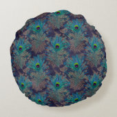 孔雀フェザーペイズリーパープルティール(緑がかった色)金ゴールドボーホトロ ラウンドクッション (裏面)