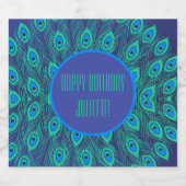 孔雀フェザーモチーフ柄誕生日ブルーグリーン スパークリングワインラベル (シングルラベル)