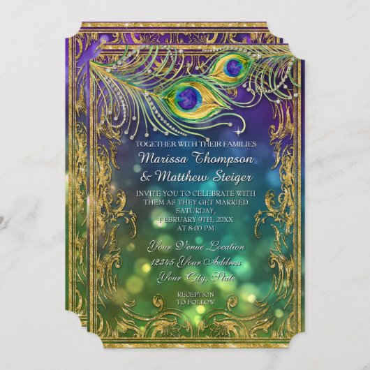 孔雀フェザー結婚のアンティークヴィンテージマスク《写真》ぼけ味 招待状 (正面/裏面)