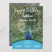 孔雀フォトブルーハッピーバースデー招待状 招待状 (正面/裏面)