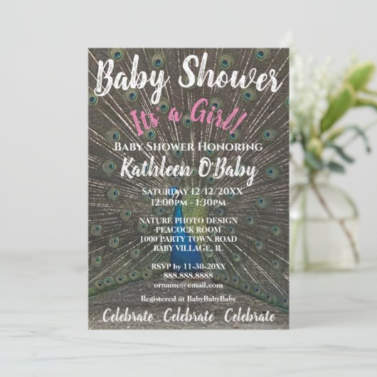 孔雀フォトベビーガールシャワー招待状 招待状 (スタンド正面)