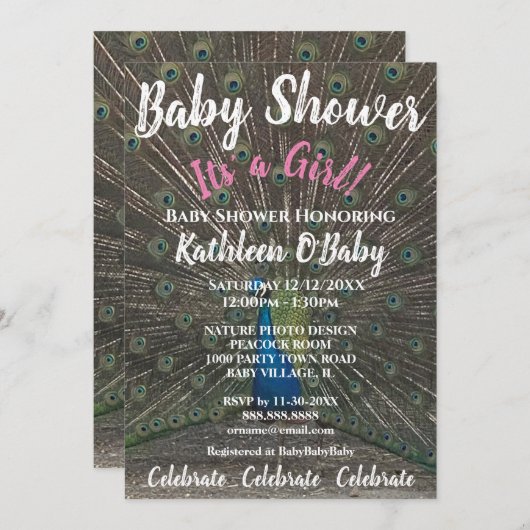 孔雀フォトベビーガールシャワー招待状 招待状 (正面/裏面)
