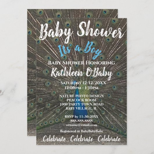 孔雀フォト男の赤ちゃんシャワー招待状 招待状 (正面/裏面)