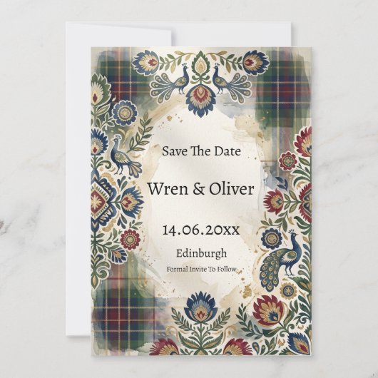 孔雀フォークアートタータンSave The Date カード (正面)