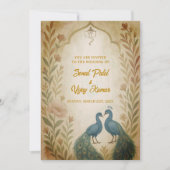 孔雀フローラインディアン結婚ヒンドゥーの水色 招待状 (正面)