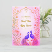 孔雀フローラインディアン結婚ヒンドゥーの水色 招待状 (スタンド正面)