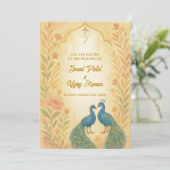 孔雀フローラインディアン結婚ヒンドゥーの水色 招待状 (スタンド正面)