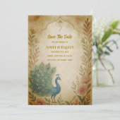 孔雀フローラインディアン結婚式日付カードを保存 招待状 (スタンド正面)