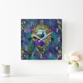 孔雀フローラビクトリアン羽エレガント スクエア壁時計 (ホーム)