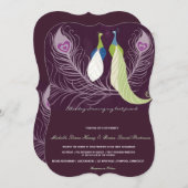 孔雀ペア愛の鳥の紫色の結婚式の招待 招待状 (正面/裏面)