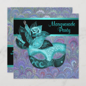 孔雀ペイズリーティール(緑がかった色)ブルーパープルマスカレードパーティー 招待状 (正面/裏面)