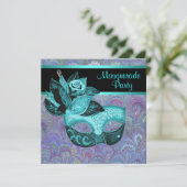 孔雀ペイズリーティール(緑がかった色)ブルーパープルマスカレードパーティー 招待状 (スタンド正面)