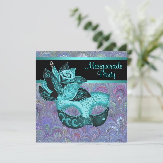 孔雀ペイズリーティール(緑がかった色)ブルーパープルマスカレードパーティー 招待状 (スタンド正面)