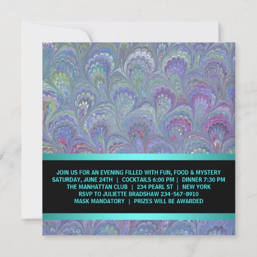 孔雀ペイズリーティール（緑がかった色）ブルーパープルマスカレードパーティー 招待状 (裏面)