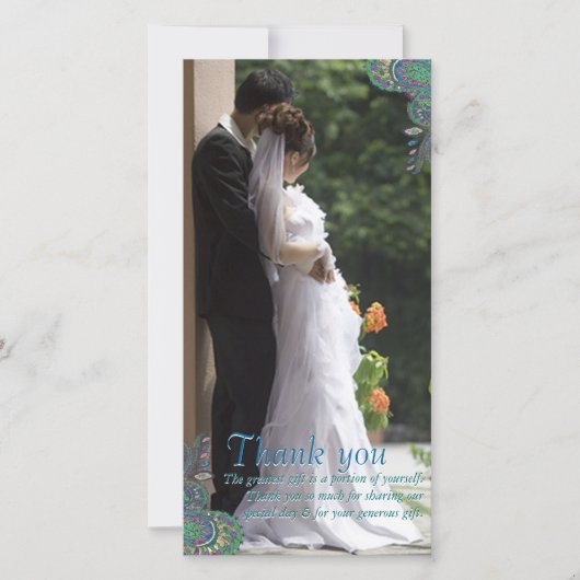 孔雀ペイズリー結婚の感謝フォトカード サンキューカード (正面)