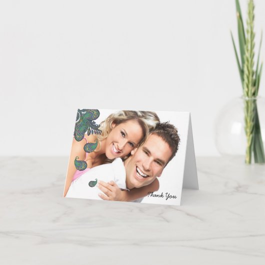 孔雀ペイズリー結婚の感謝状カード サンキューカード (正面)