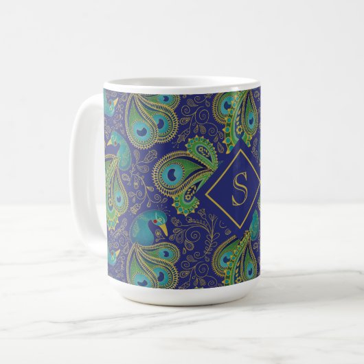 孔雀ペイズリー ロイヤルブルーモノグラム コーヒーマグカップ (正面左)