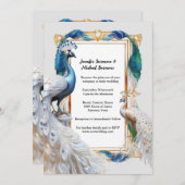 孔雀ホワイトティール(緑がかった色)アールヌーボー装飾枠 招待状 (正面/裏面)