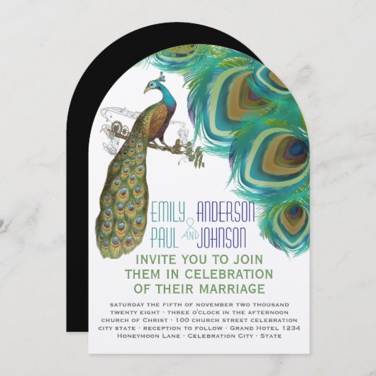 孔雀ボホボヘミアンの羽と孔雀 招待状 (正面/裏面)