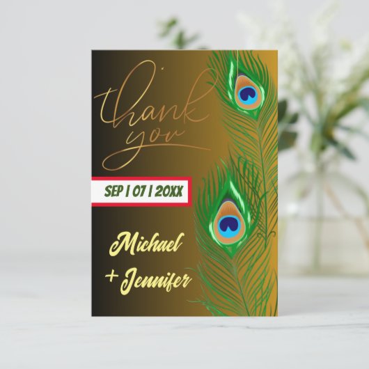 孔雀モダン羽ゴールデンブラックカスタムウェディング サンキューカード (スタンド正面)