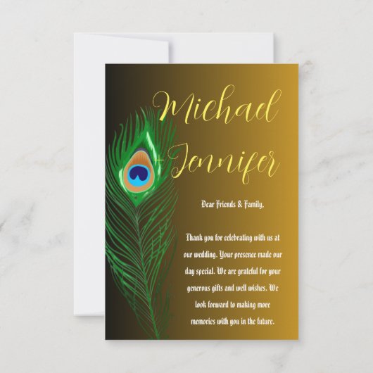 孔雀モダン羽ゴールデンブラックカスタムウェディング サンキューカード (裏面)